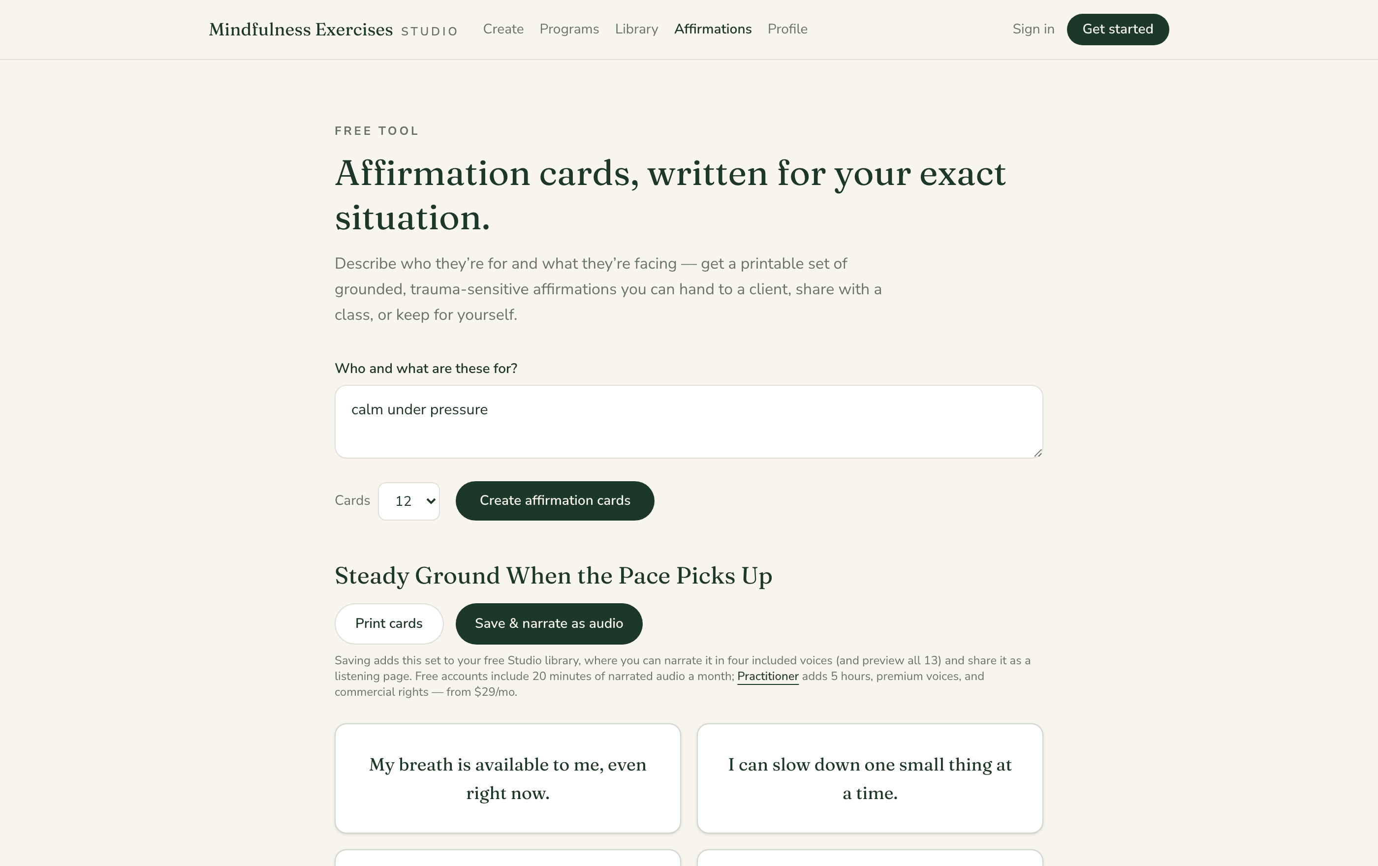 The free affirmation-card tool with a freshly generated printable deck of cards