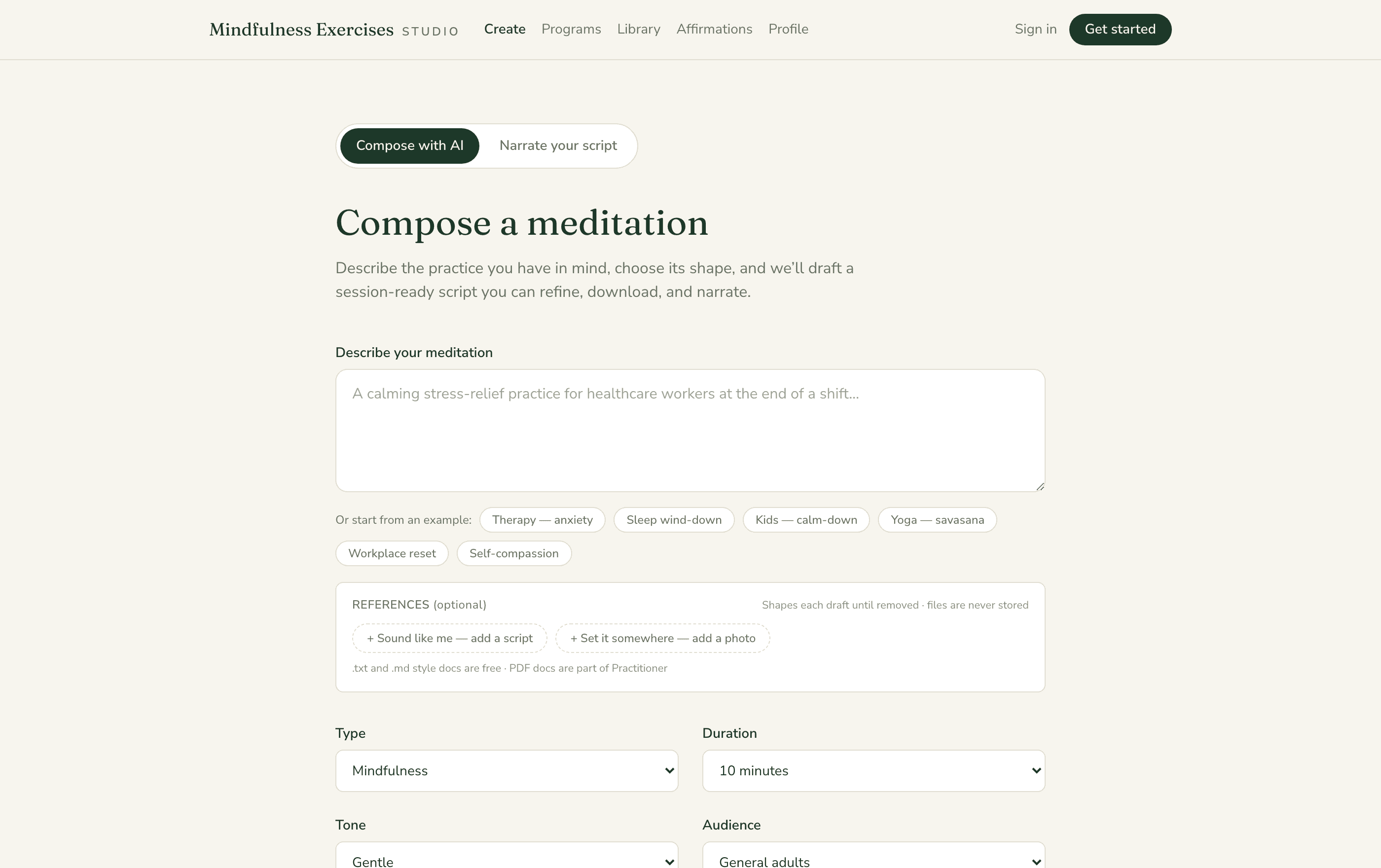 The Studio compose form: describe a meditation, start from an example, attach reference files, choose type, duration, tone, audience, and language mode