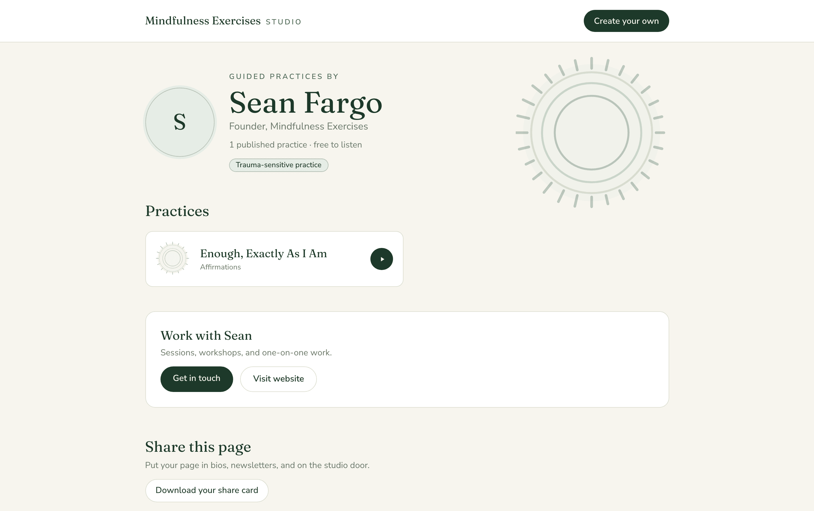 A public practitioner profile with work-with-me buttons, featured practices, share tools, and a QR code