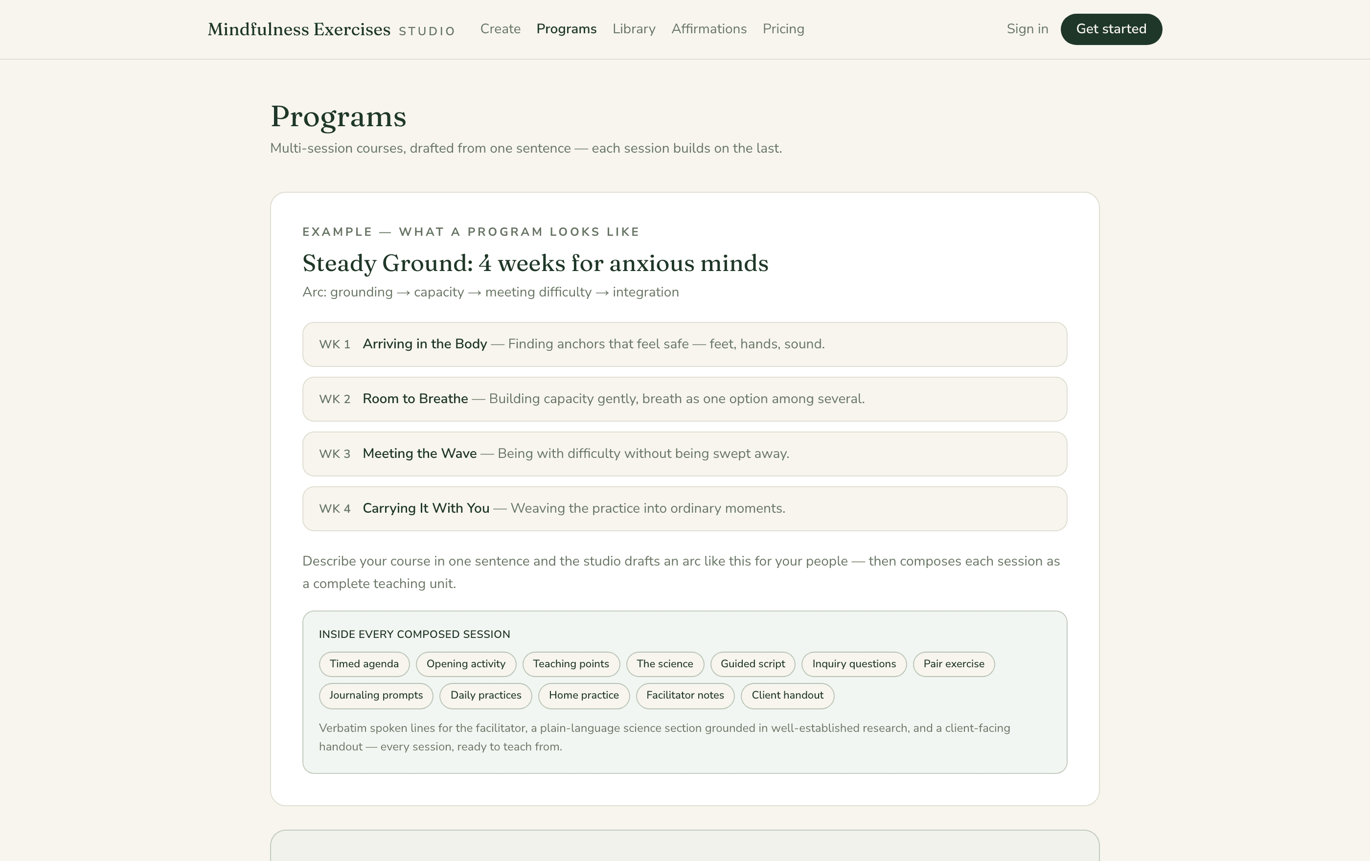 The Programs page: a 4-week example arc with weekly session cards and the full anatomy of a composed session — timed agenda, teaching points, science section, guided script, handouts