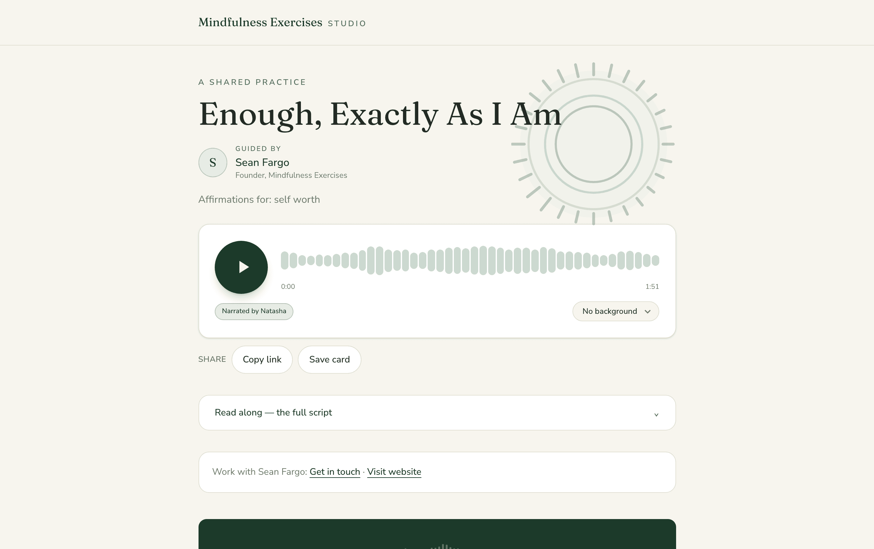 A public share page: practice medallion, branded audio player with waveform and background sounds, share and save-card buttons, and the author's byline