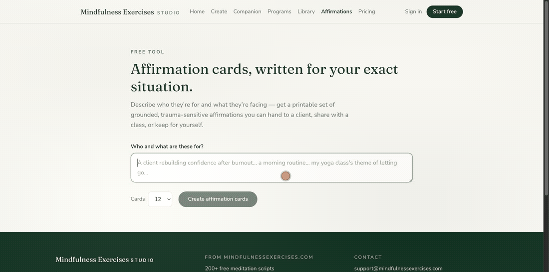 Animated demo of the free affirmation-card tool: an intention is typed — a nurse rebuilding confidence after a hard year — twelve cards are written for it, and the print style switches from Classic to Sage