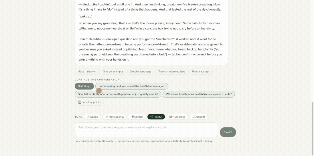 Animated demo: clicking 'Turn this into a practice' distills the role-play into a prefilled meditation description in the composer — oriented outward, no breath instructions, matched to the client from the conversation.