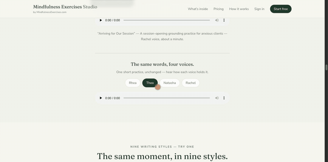 The same short practice toggled across four studio voices — Rhea, Theo, Natasha, and Rachel — with the audio player switching samples