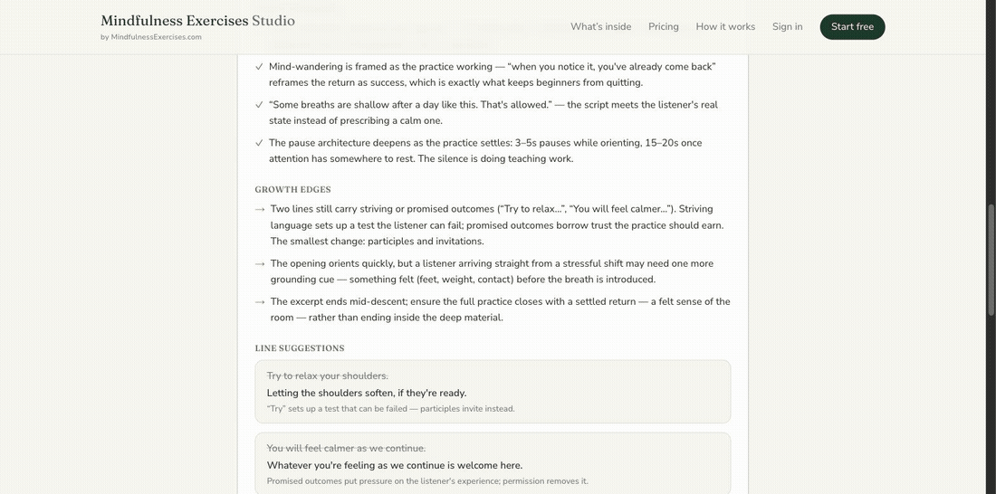 Animated scroll through a complete teaching review: the practice script, what's working, growth edges, line suggestions replacing striving language with invitational phrasing, measured pacing, and saved review history
